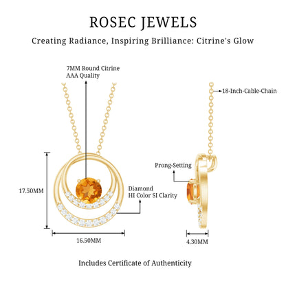 Natural 1.2 Carat Citrine Circle in Circle Necklace with Diamond