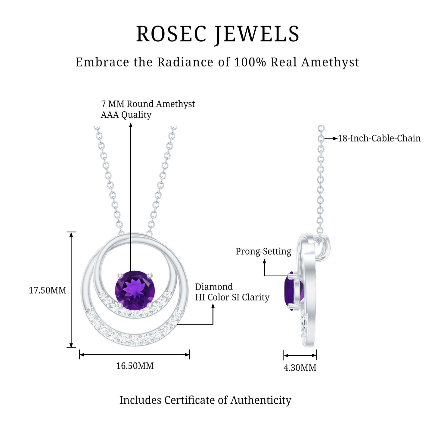 Natural 1.2 Carat Amethyst Eternity Necklace with Diamond