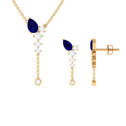 Real Blue Sapphire Diamond Y Necklace and Earrings Set