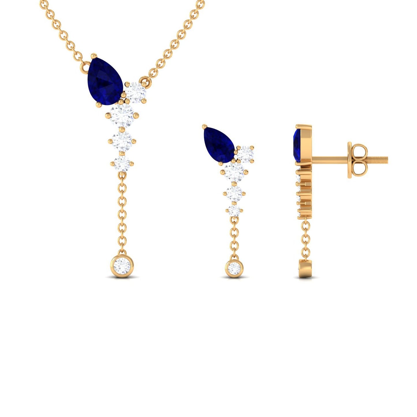 Real Blue Sapphire Diamond Y Necklace and Earrings Set