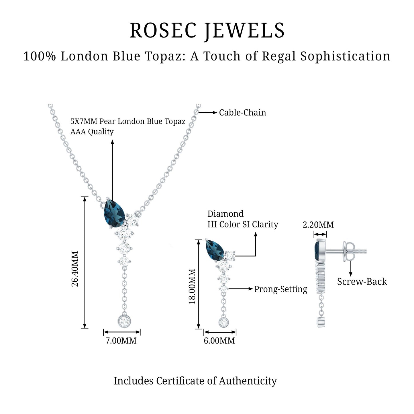 Minimal Dangle Necklace Earrings Set with London Blue Topaz and Diamond