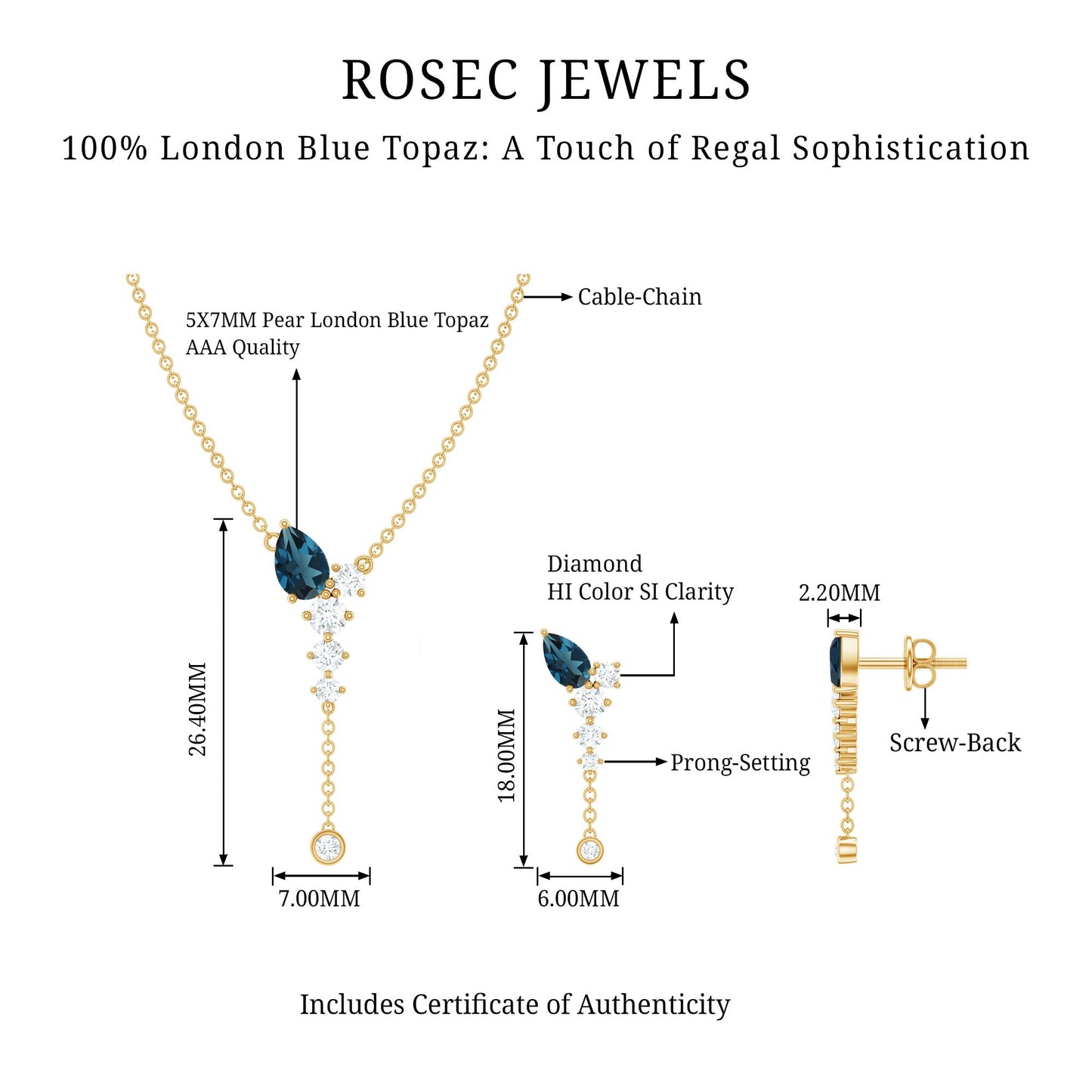 Minimal Dangle Necklace Earrings Set with London Blue Topaz and Diamond
