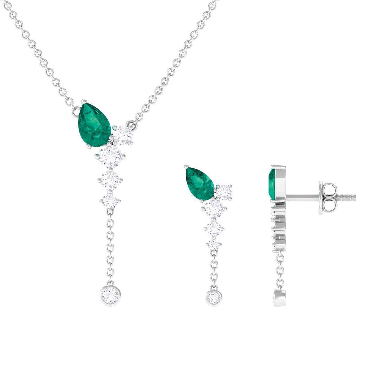 Natural Emerald Y Necklace and Earrings Set with Diamond