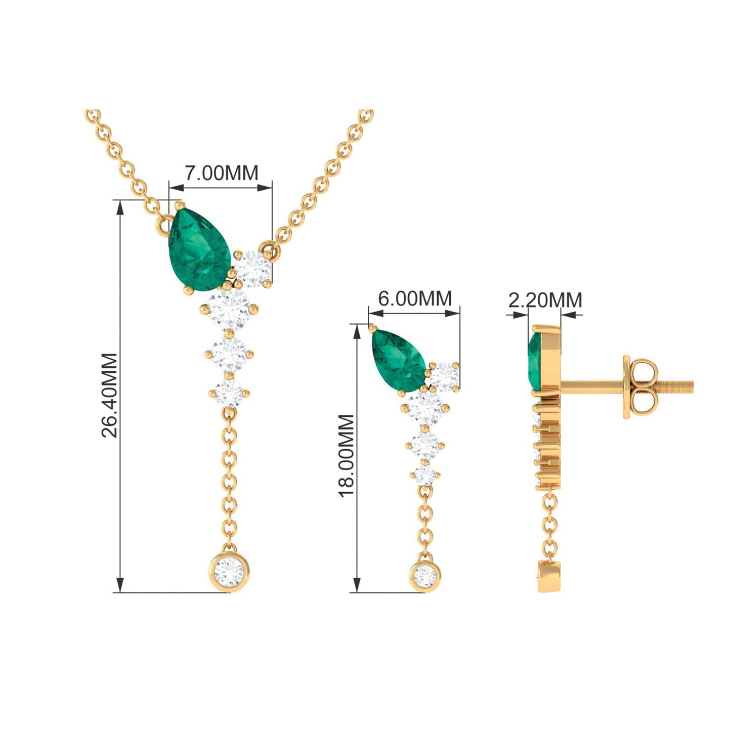 Natural Emerald Y Necklace and Earrings Set with Diamond