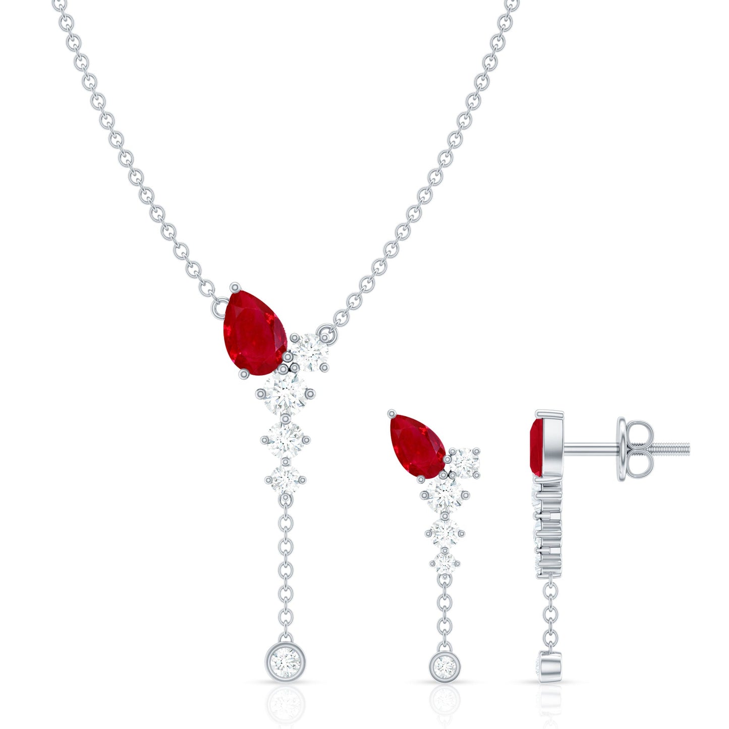 Pear Cut Ruby Dangle Necklace and Earrings Set with Diamond