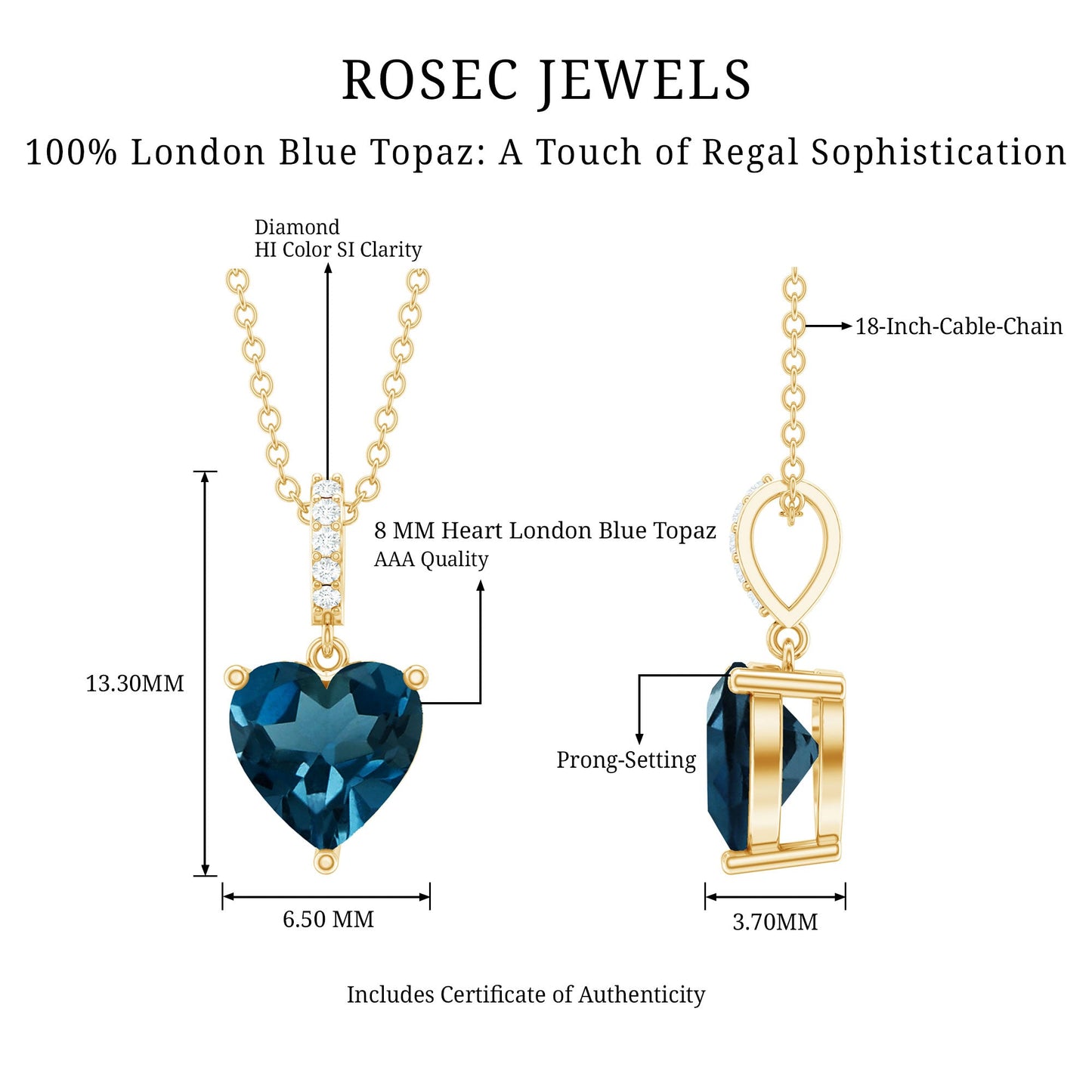 2 Carat Heart Shape London Blue Topaz Solitaire Pendant with Diamond Accent Bail