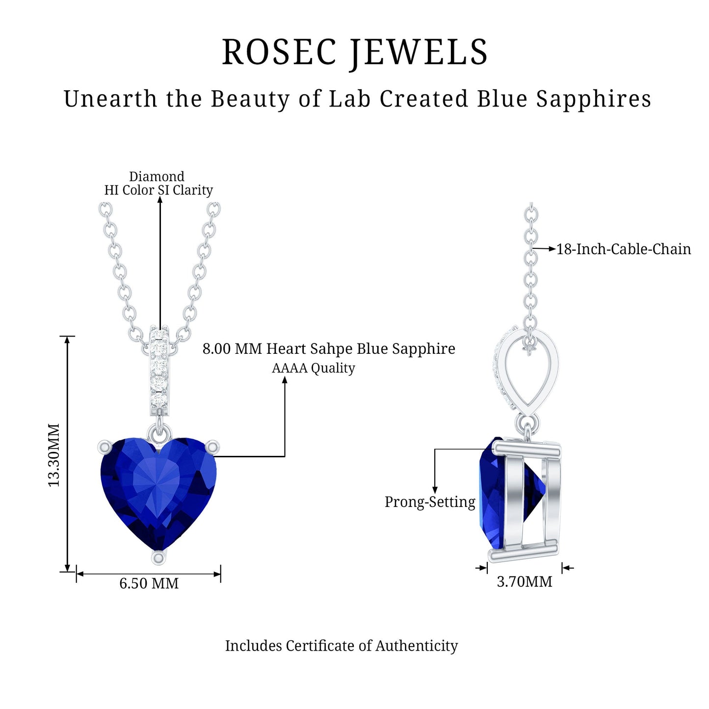 2 Carat Heart Shape Lab Created Blue Sapphire Solitaire Pendant with Diamond
