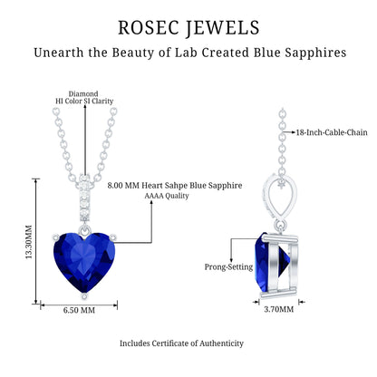 2 Carat Heart Shape Lab Created Blue Sapphire Solitaire Pendant with Diamond