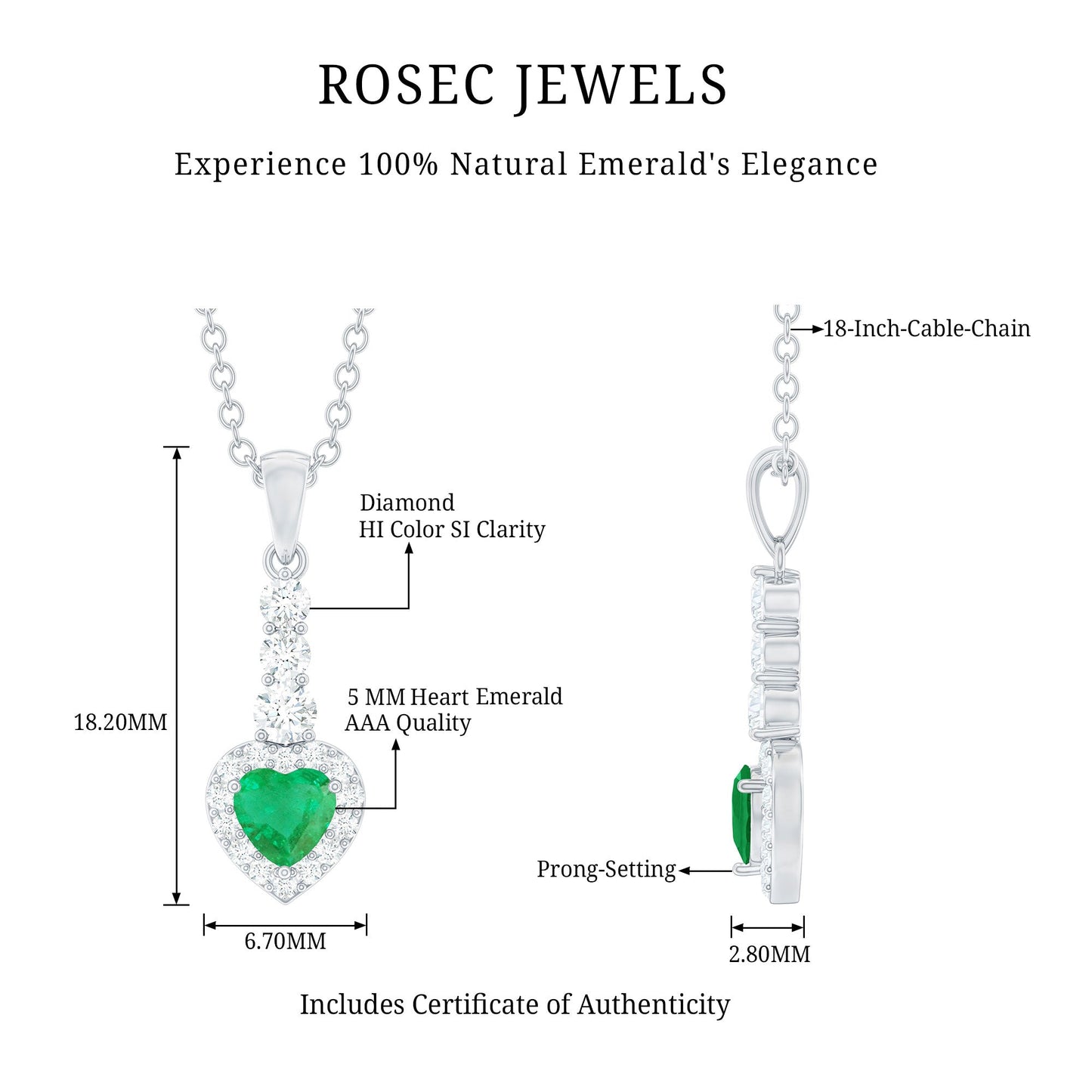 Natural Emerald Drop Heart Pendant Necklace with Diamond