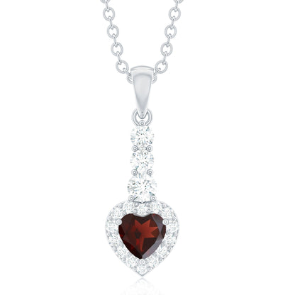 Garnet Heart Drop Pendant with Diamond Halo