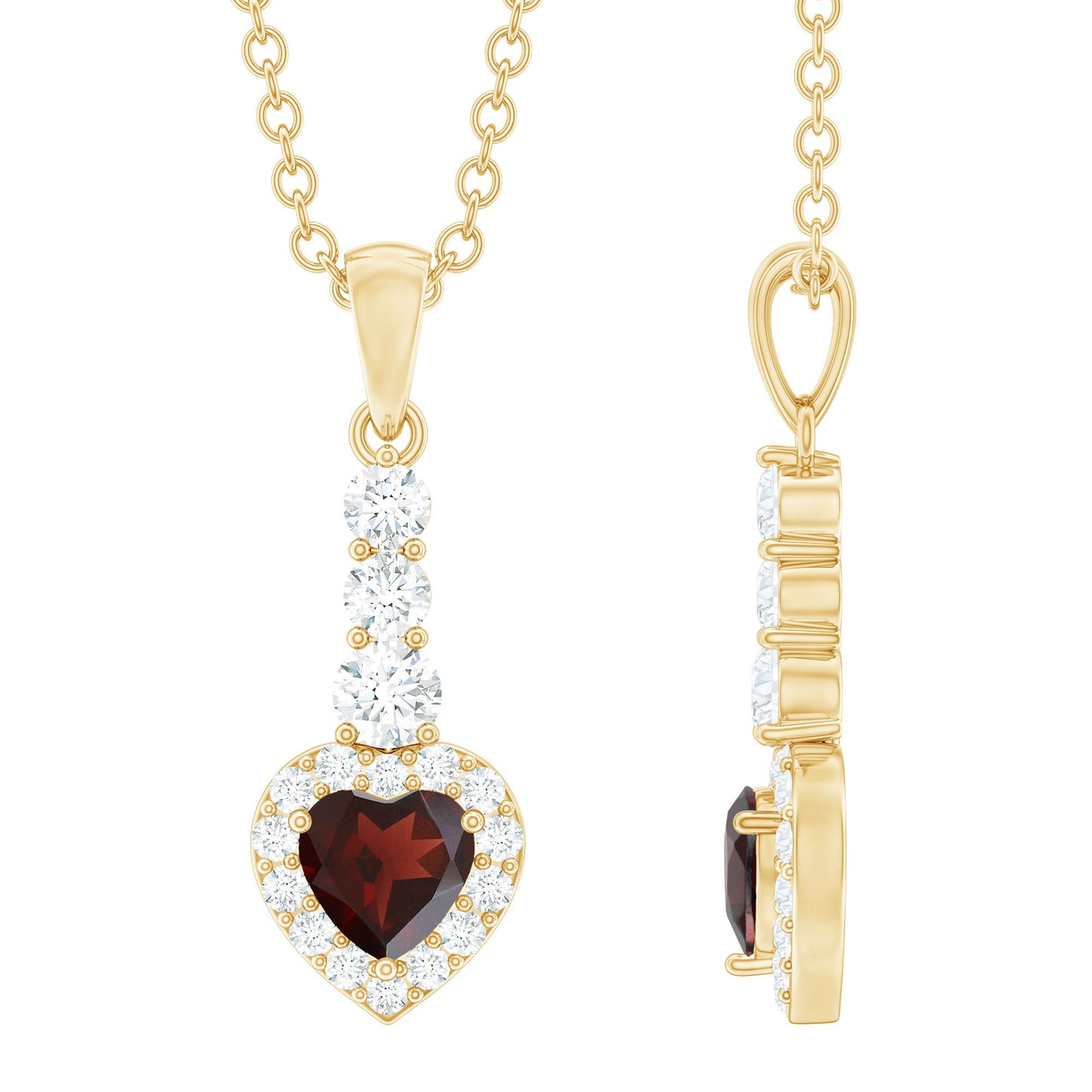 Garnet Heart Drop Pendant with Diamond Halo