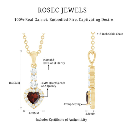 Garnet Heart Drop Pendant with Diamond Halo