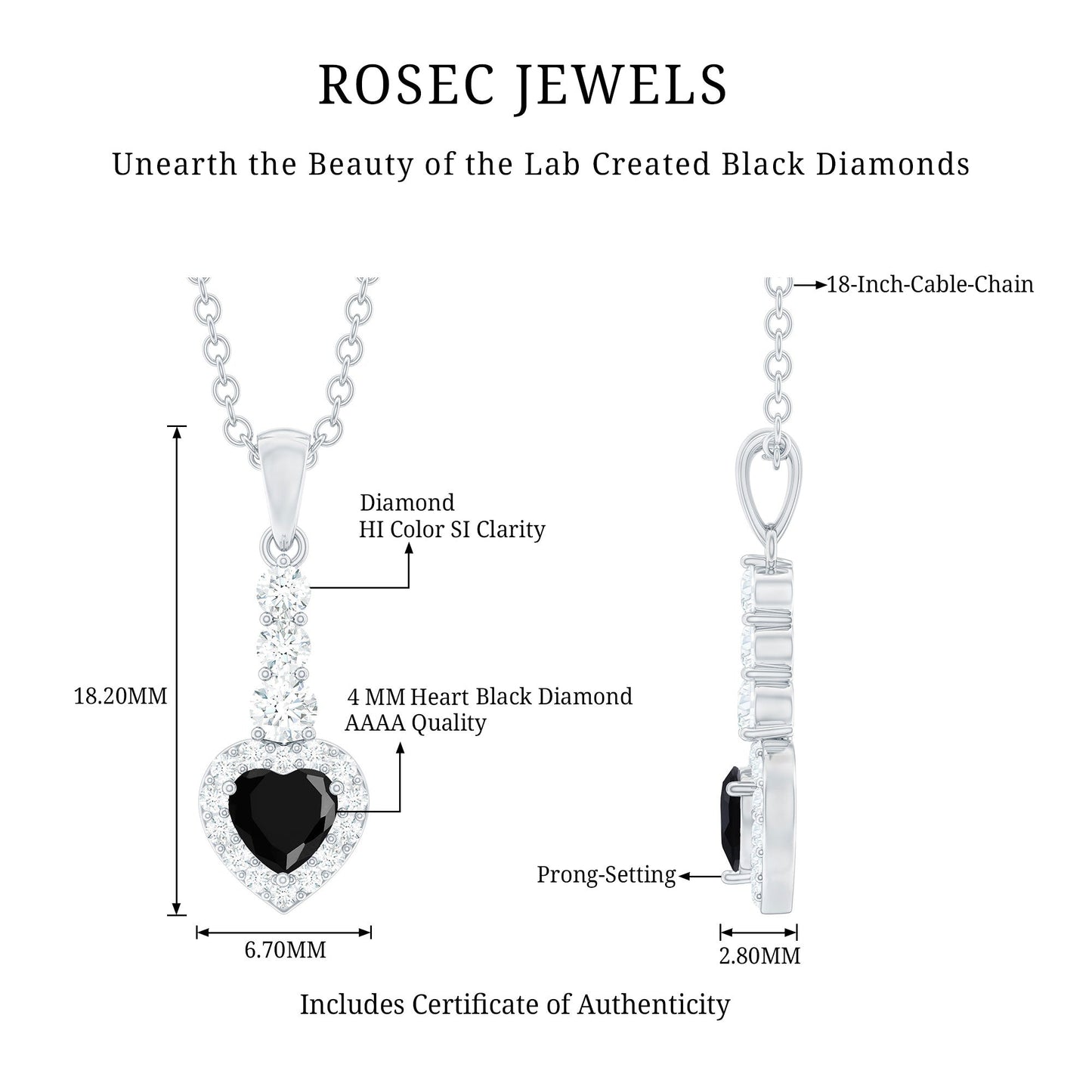Lab Created Black Diamond Heart Necklace with White Diamond