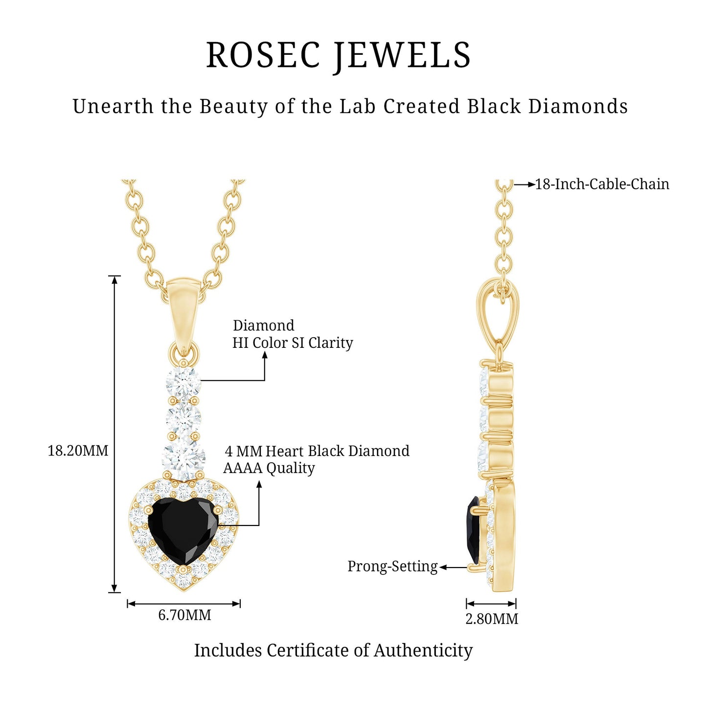 Lab Created Black Diamond Heart Necklace with White Diamond