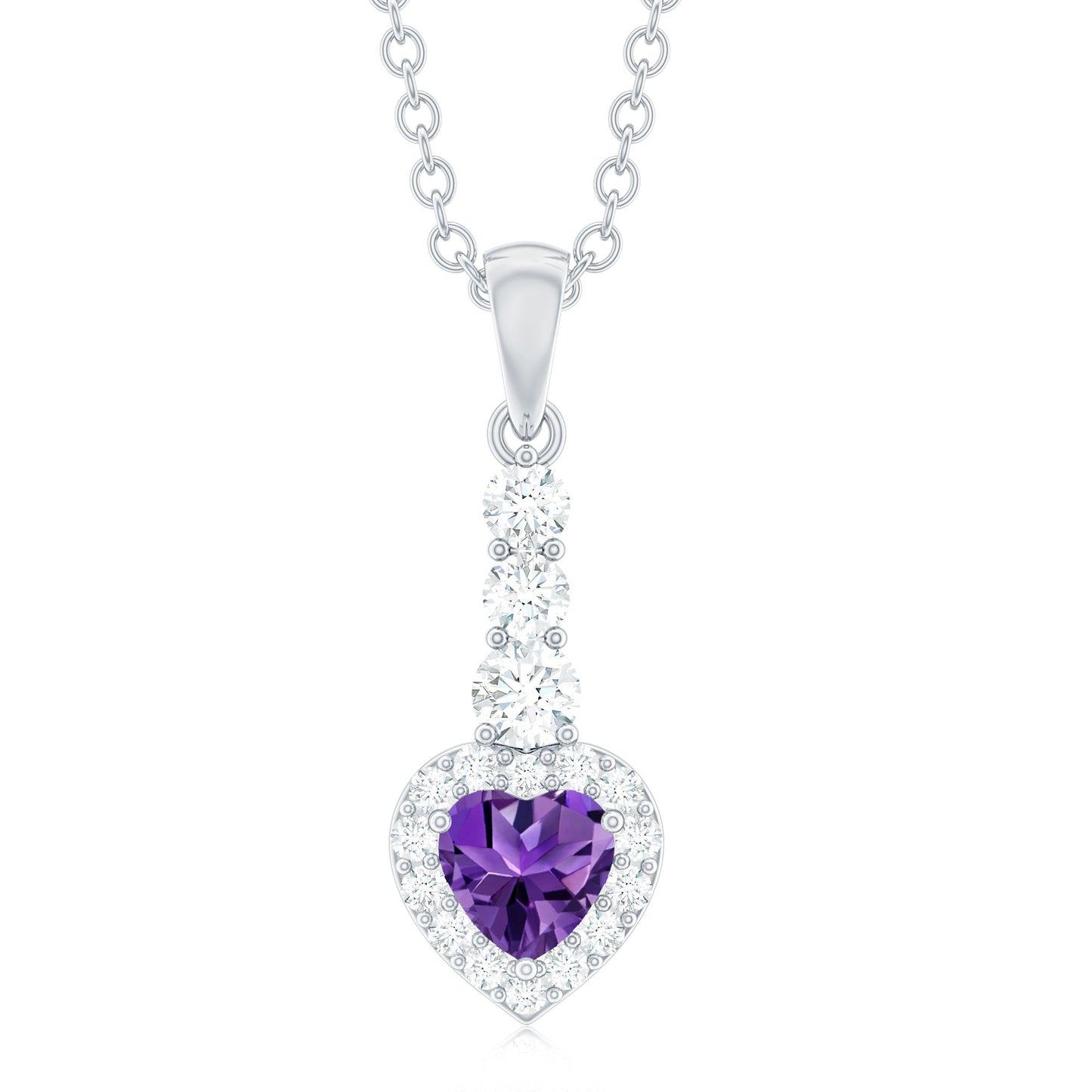 Natural Amethyst Heart Pendant Necklace with Diamond Halo