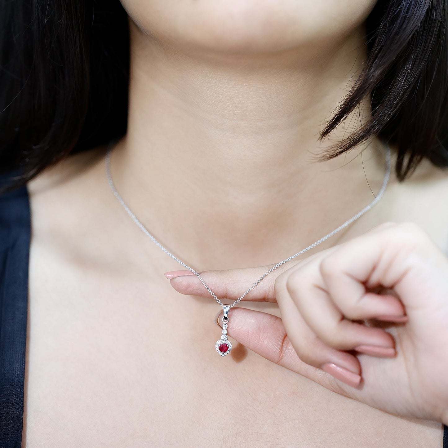 Natural Heart Shape Ruby and Diamond Drop Pendant Necklace