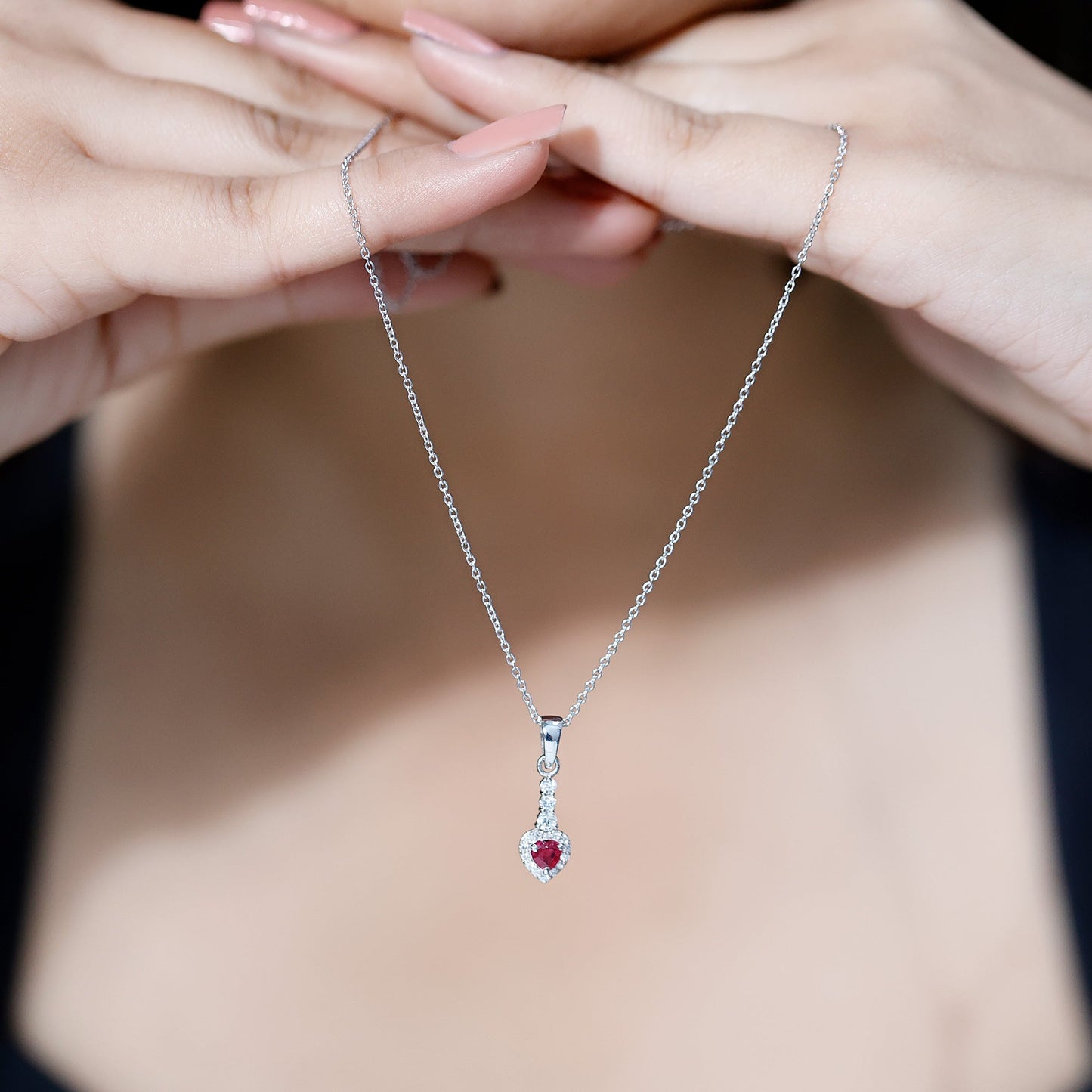 Natural Heart Shape Ruby and Diamond Drop Pendant Necklace