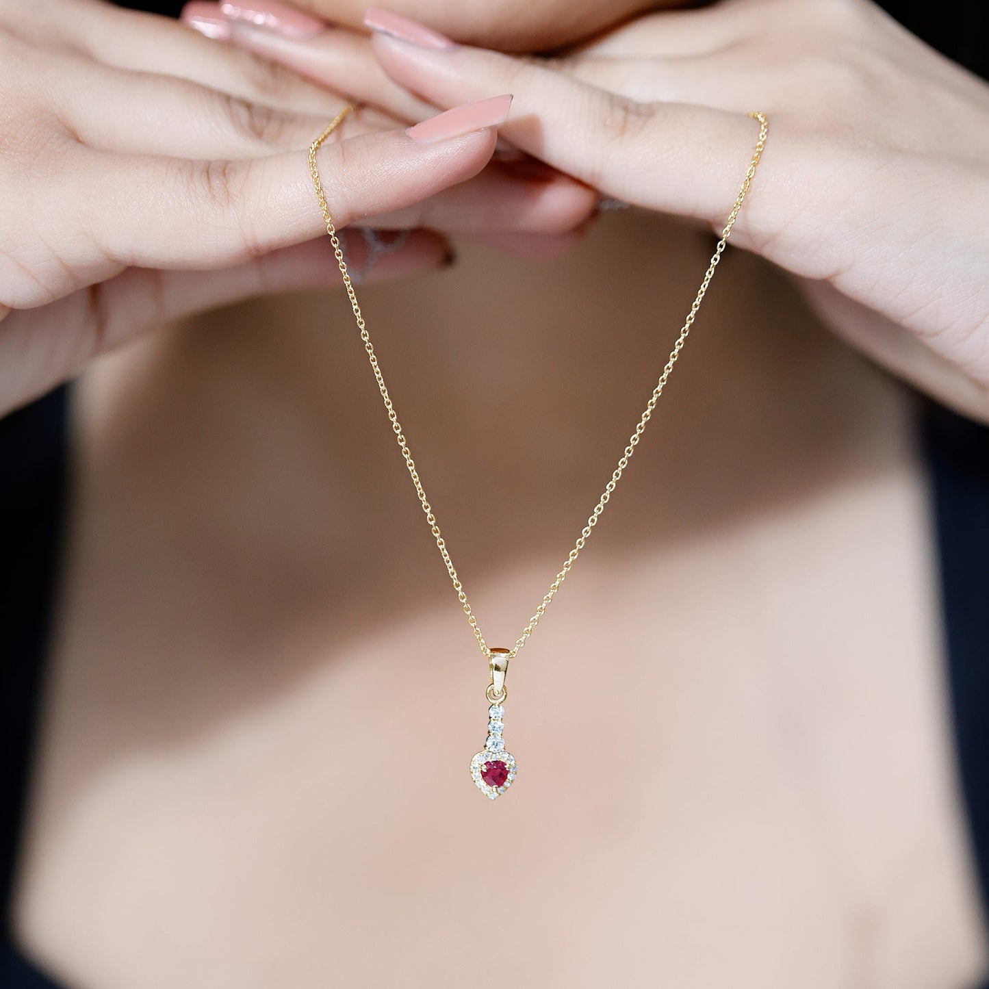 Natural Heart Shape Ruby and Diamond Drop Pendant Necklace