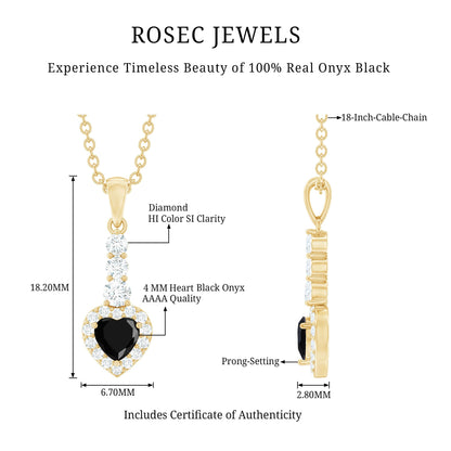 Natural Black Onyx Heart Pendant Necklace with Diamond