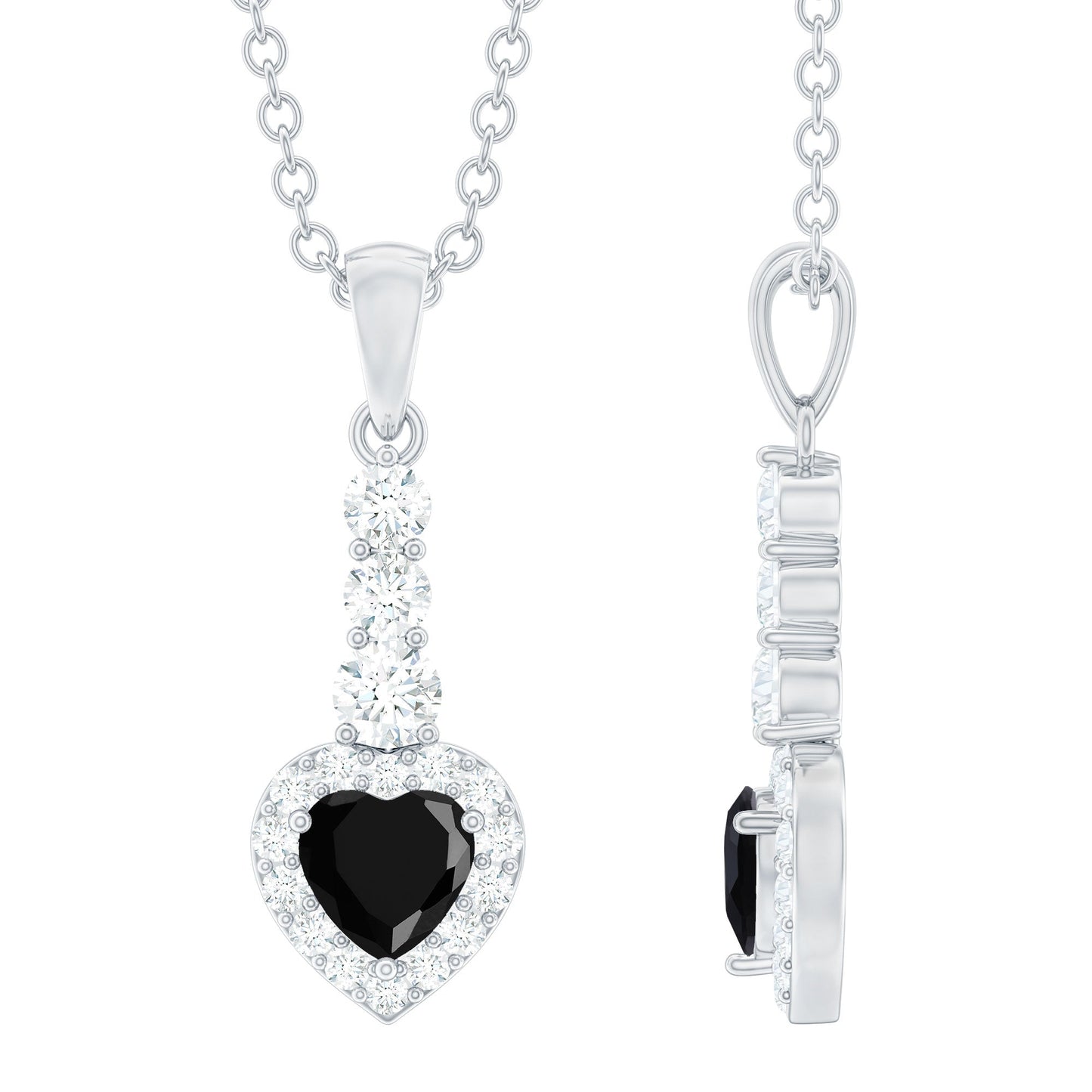Natural Black Spinel Heart Pendant Necklace with Diamond Halo