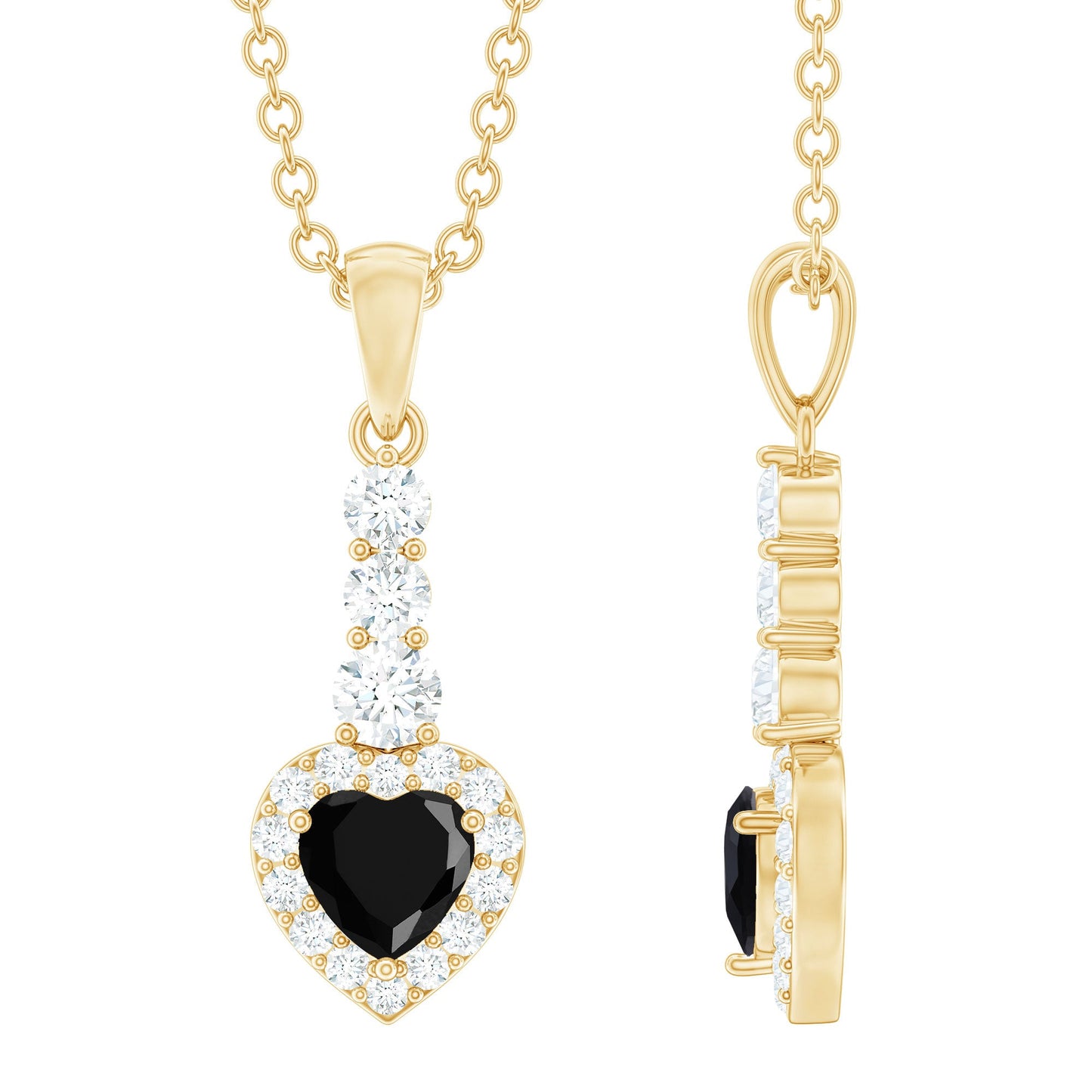 Natural Black Spinel Heart Pendant Necklace with Diamond Halo