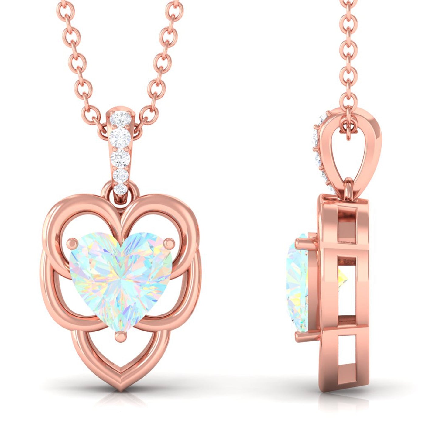 Natural Rainbow Opal Heart Pendant Necklace with Diamond