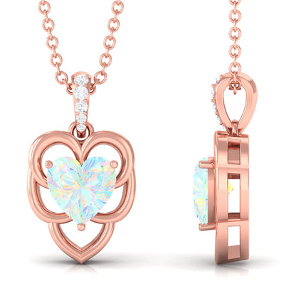 Natural Rainbow Opal Heart Pendant Necklace with Diamond