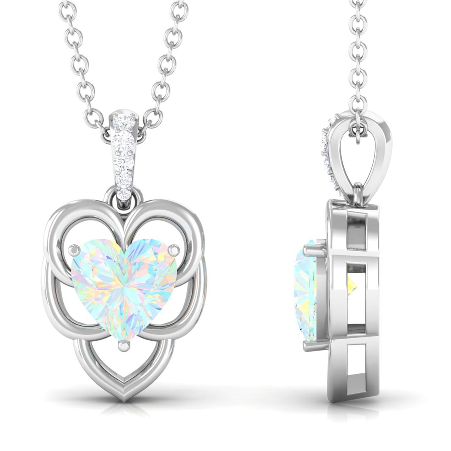 Natural Rainbow Opal Heart Pendant Necklace with Diamond