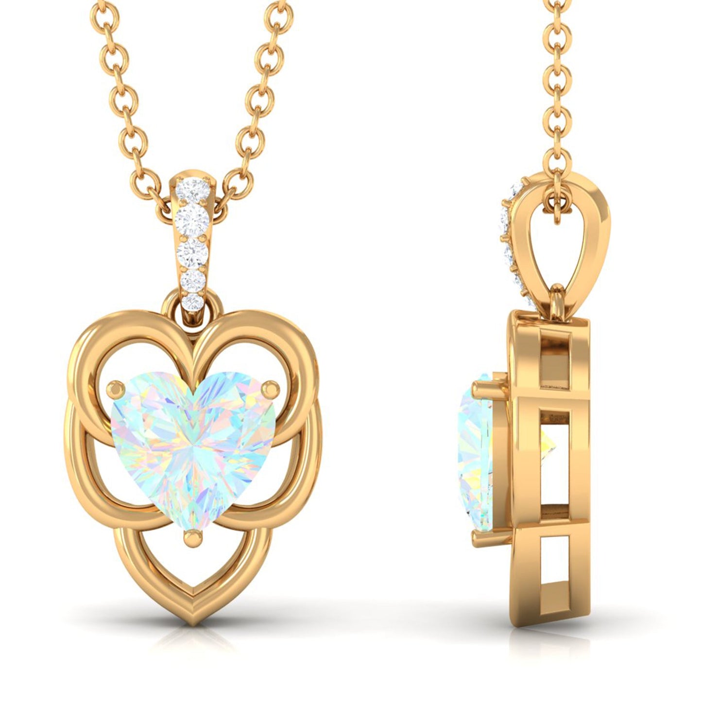 Natural Rainbow Opal Heart Pendant Necklace with Diamond