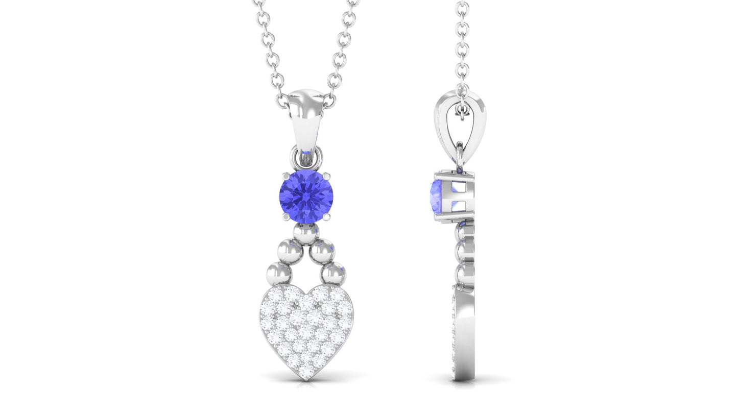 Tanzanite and Diamond Heart Drop Pendant with Beaded Detailing