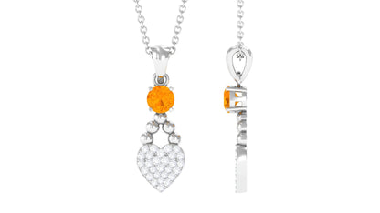 Round Shape Fire Opal and Diamond Heart Pendant