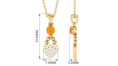 Round Shape Fire Opal and Diamond Heart Pendant