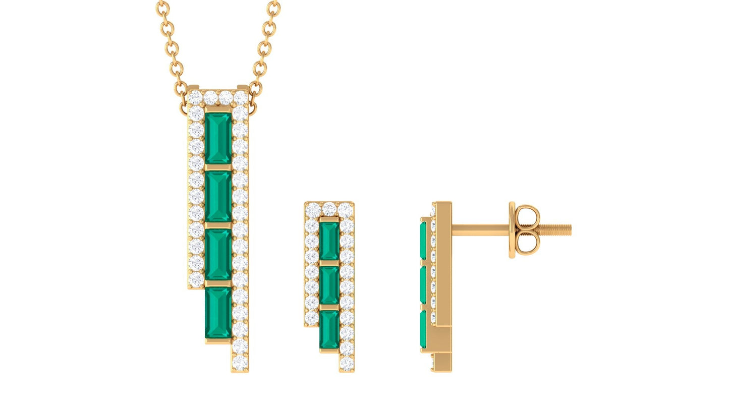Baguette Cut Emerald Designer Bar Jewelry Set with Diamond