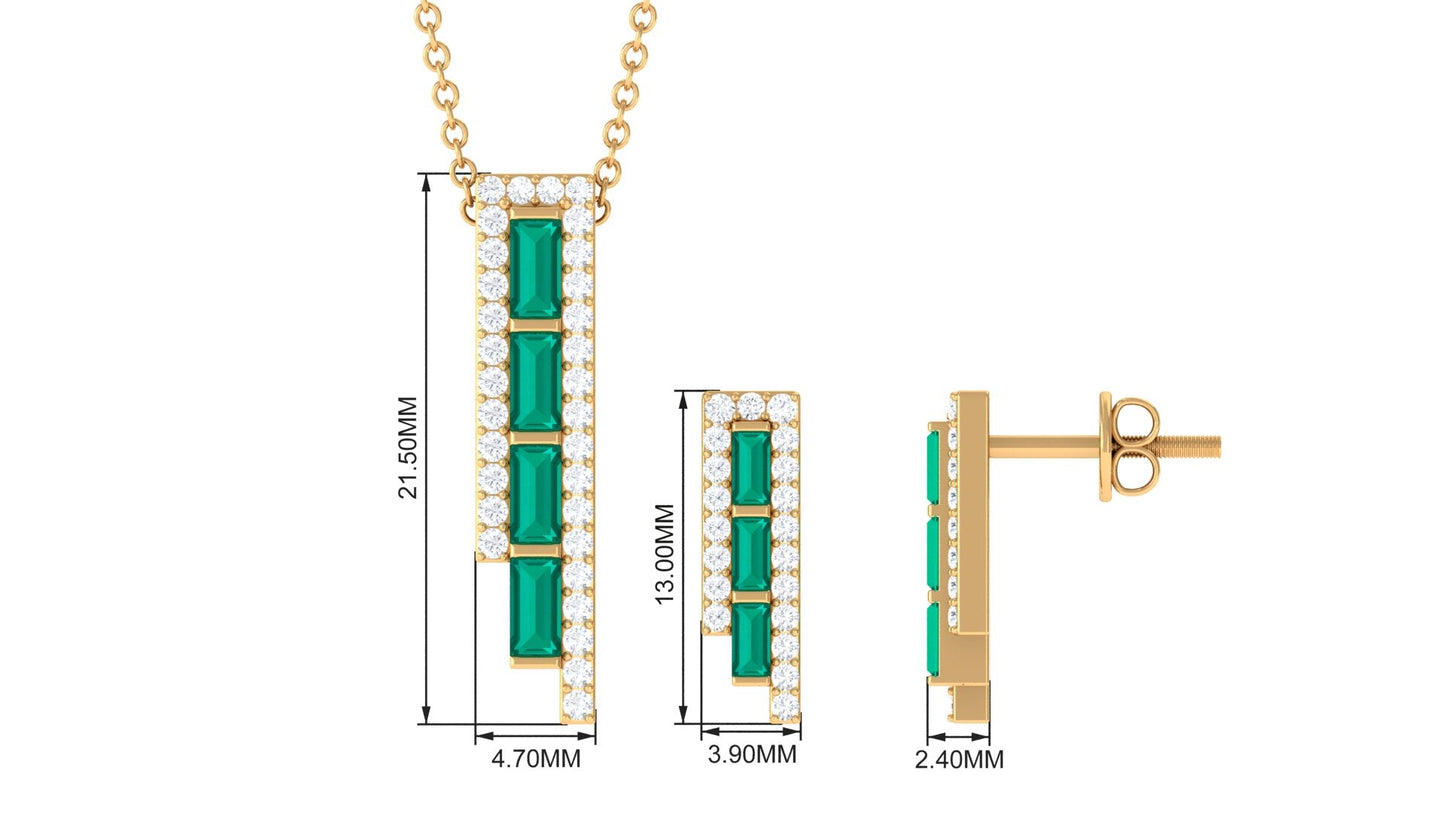 Baguette Cut Emerald Designer Bar Jewelry Set with Diamond