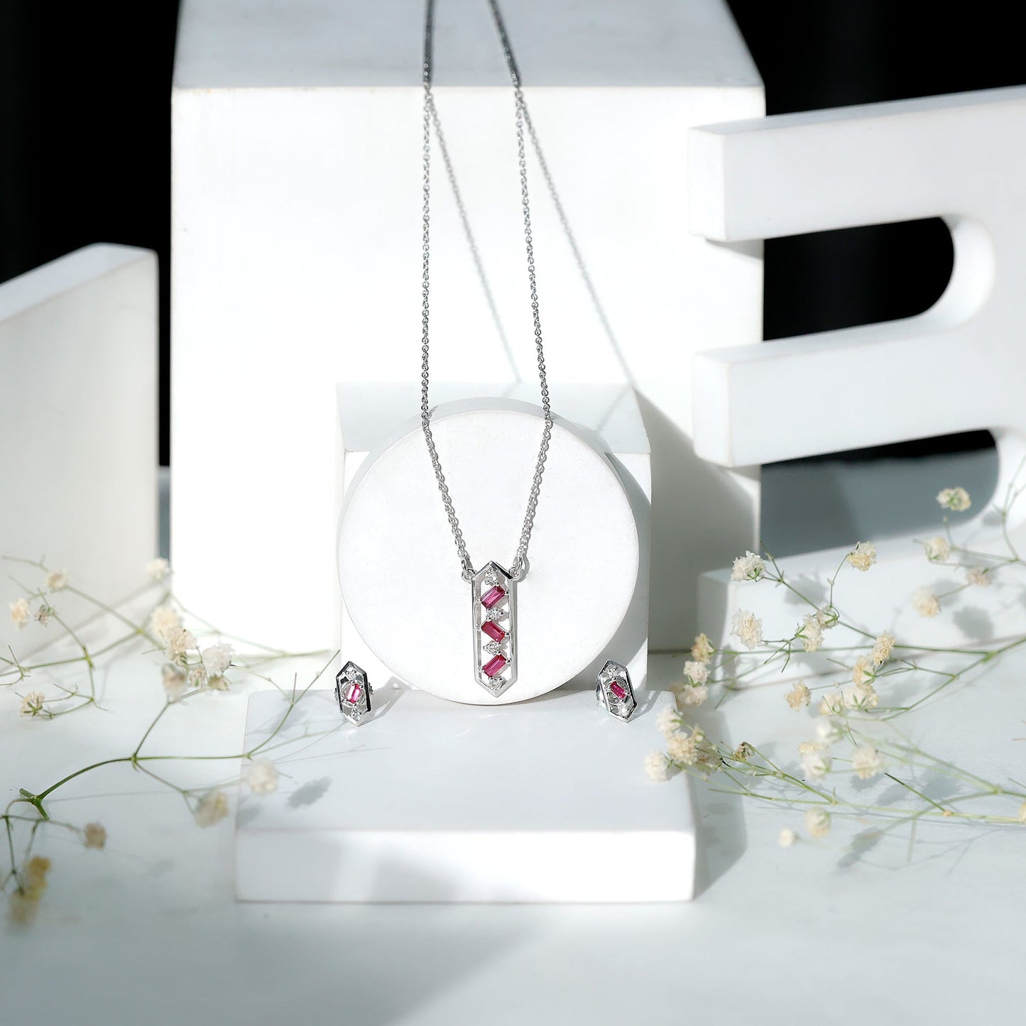 Genuine Ruby and Diamond Dangle jewelry Set