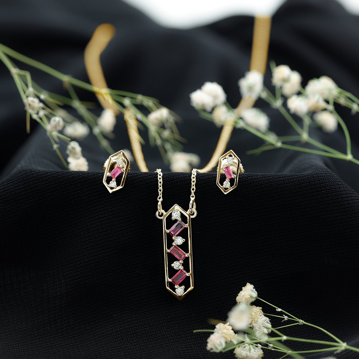 Genuine Ruby and Diamond Dangle jewelry Set