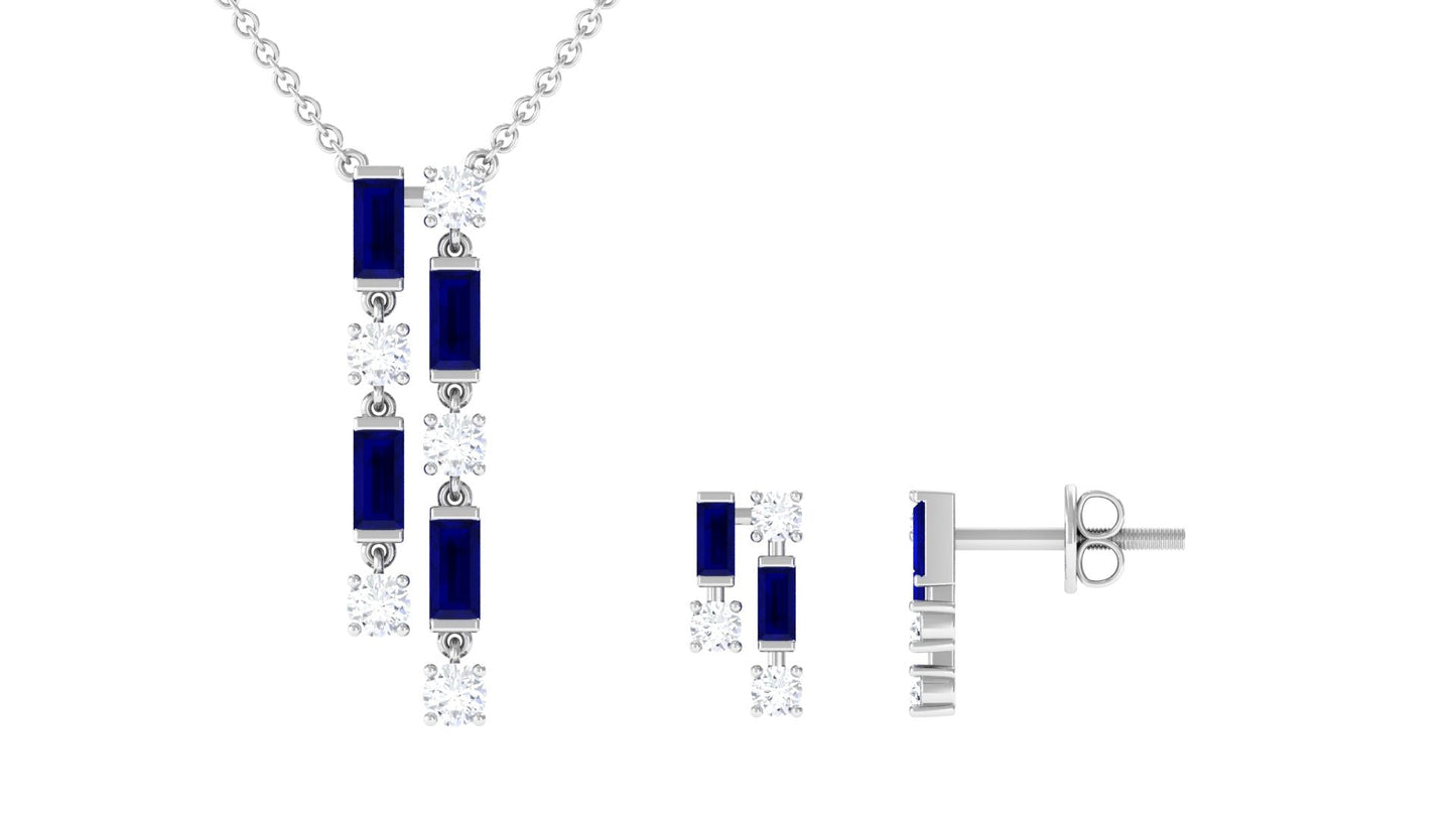 Natural Baguette Blue Sapphire Diamond Necklace and Earrings Set