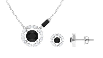 Created Black Diamond and Diamond Halo Necklace Earrings Set
