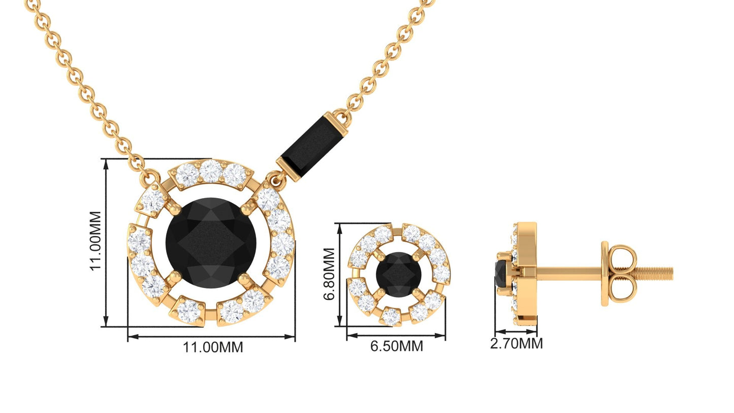 Created Black Diamond and Diamond Halo Necklace Earrings Set