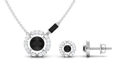 Created Black Diamond and Diamond Halo Necklace Earrings Set
