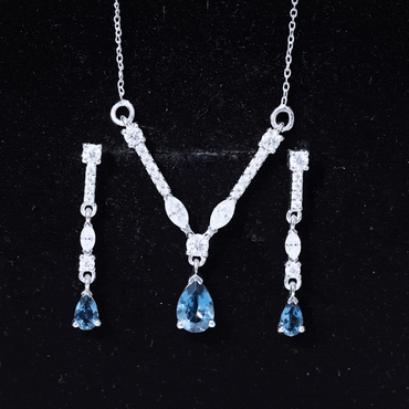 Pear Shape London Blue Topaz and Moissanite Wedding Necklace Earrings Set