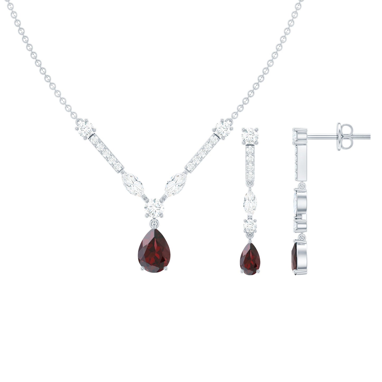 Garnet Drop & Dangle Necklace and Earrings Set with Moissanite