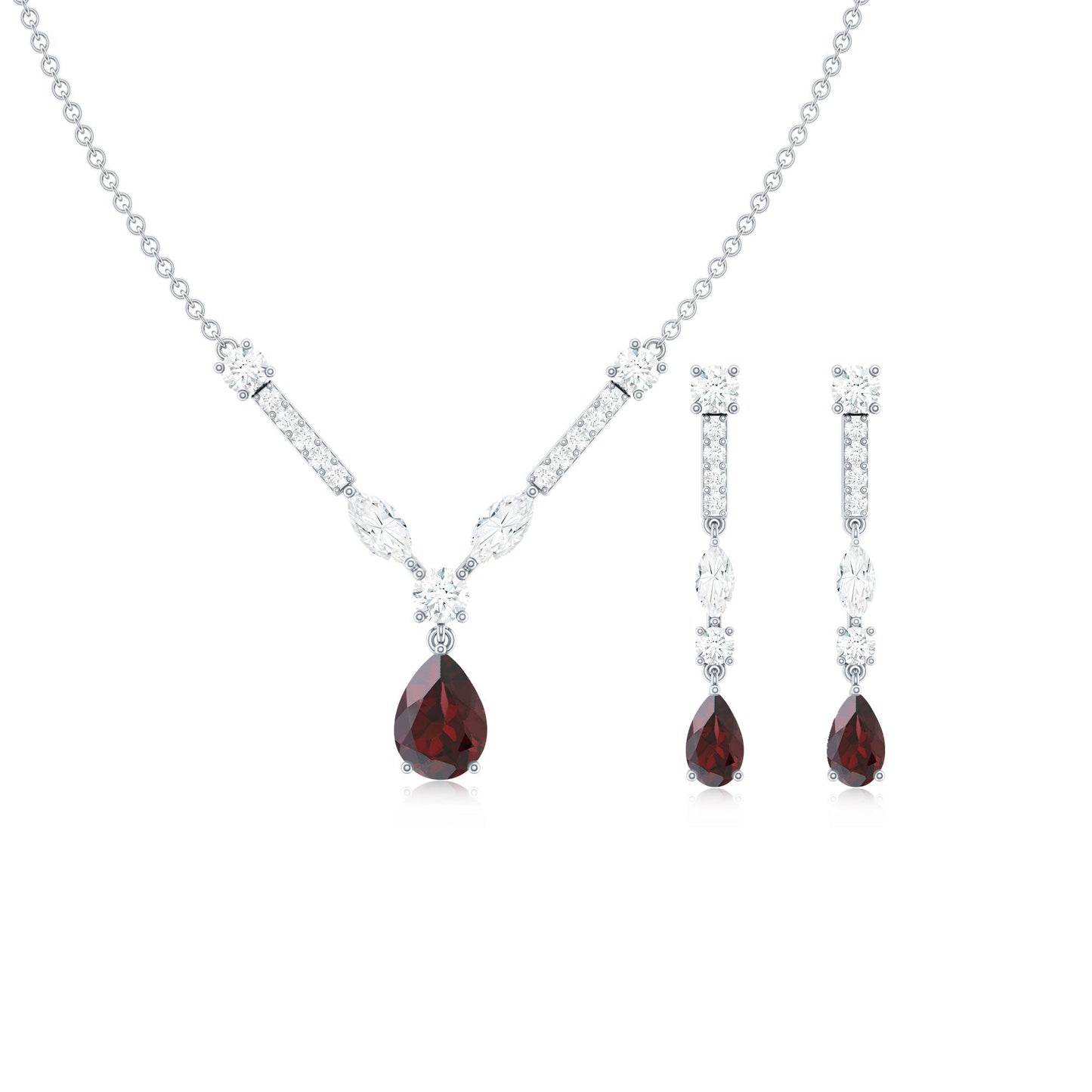 Garnet Drop & Dangle Necklace and Earrings Set with Moissanite