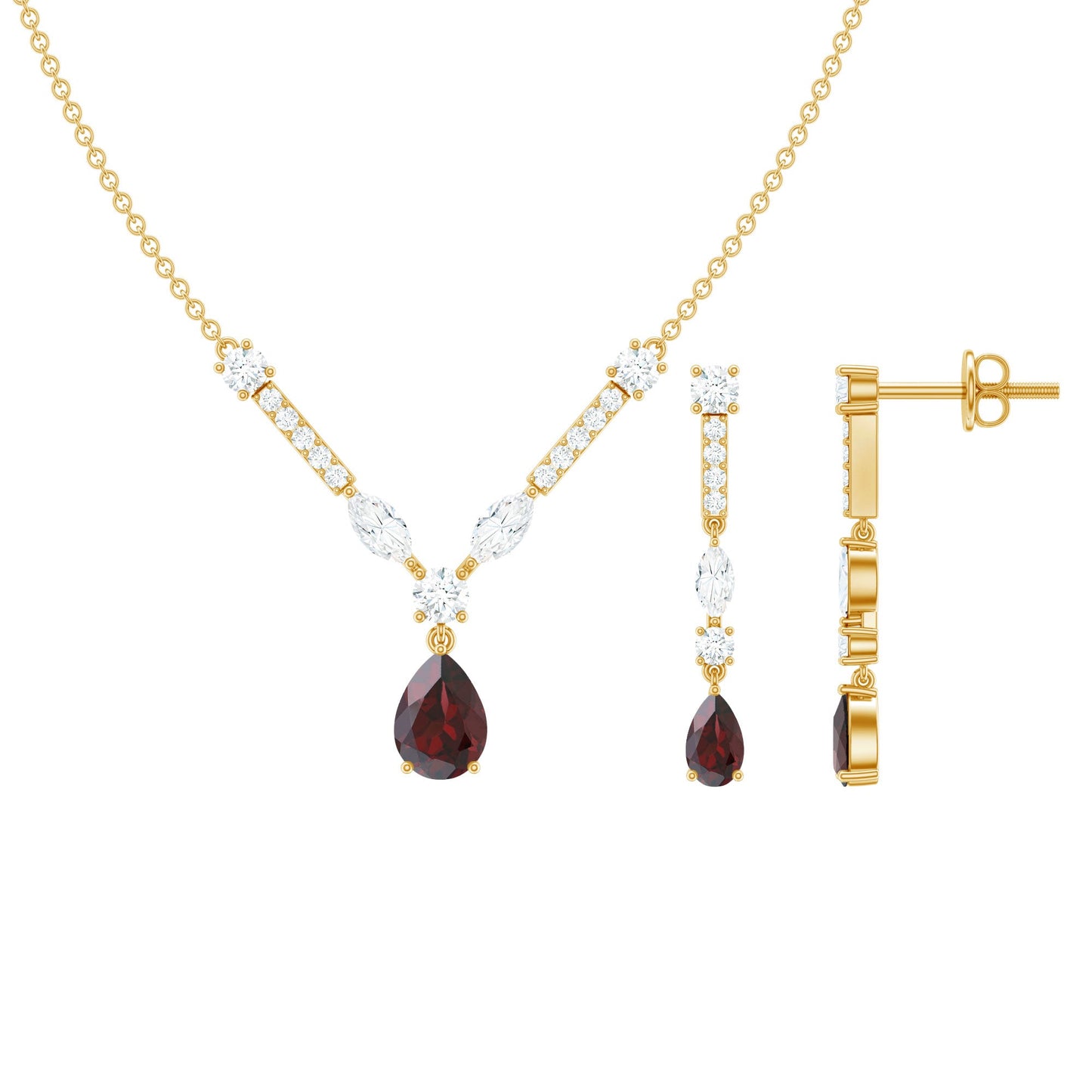 Garnet Drop & Dangle Necklace and Earrings Set with Moissanite