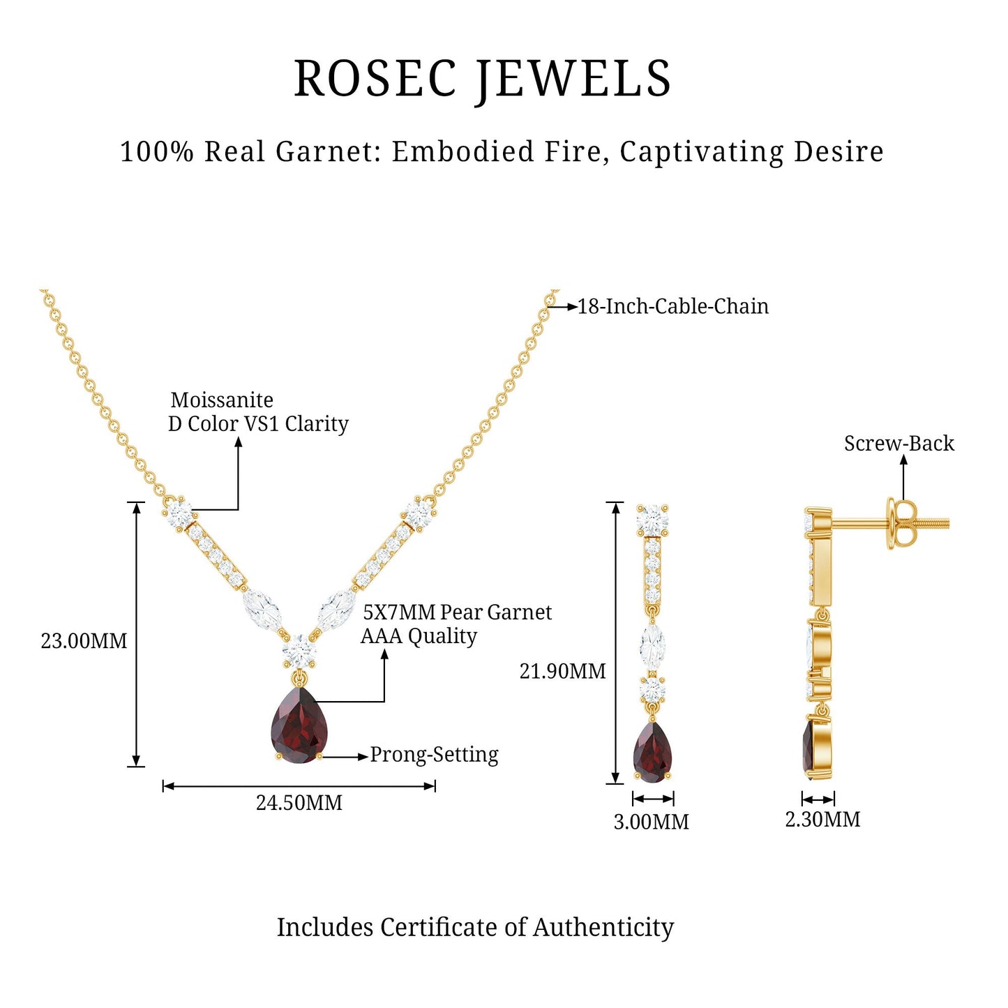 Garnet Drop & Dangle Necklace and Earrings Set with Moissanite