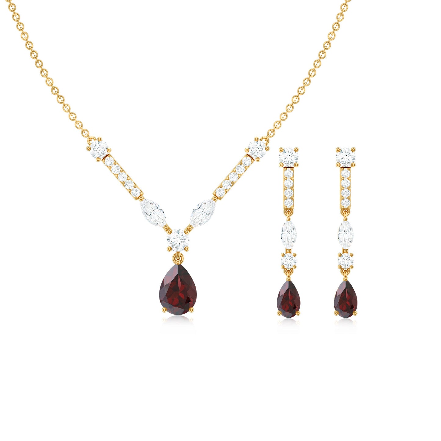 Garnet Drop & Dangle Necklace and Earrings Set with Moissanite