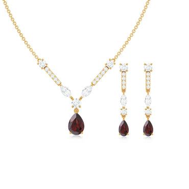 Garnet Drop & Dangle Necklace and Earrings Set with Moissanite