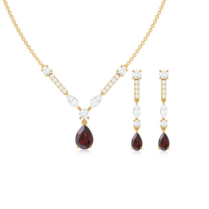 Garnet Drop & Dangle Necklace and Earrings Set with Moissanite