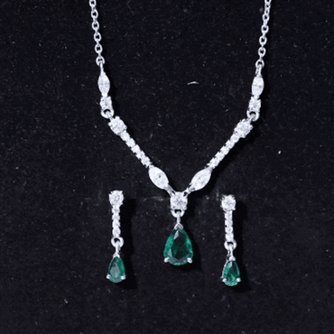 Lab Created Emerald and Moissanite Bridal Necklace Earrings Set