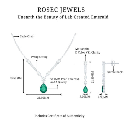 Lab Created Emerald and Moissanite Bridal Necklace Earrings Set